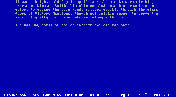 Lone Typist: white text on a blue 80-column screen, a WordPerfect-style status line along the bottom